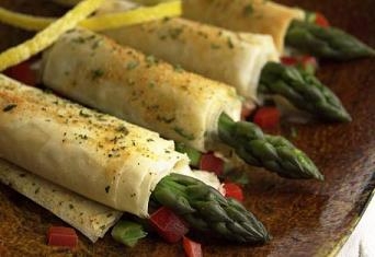 Cuisine Innovations Asparagus and Asiago Cheese Wrapped in Fillo -- 100 per case.