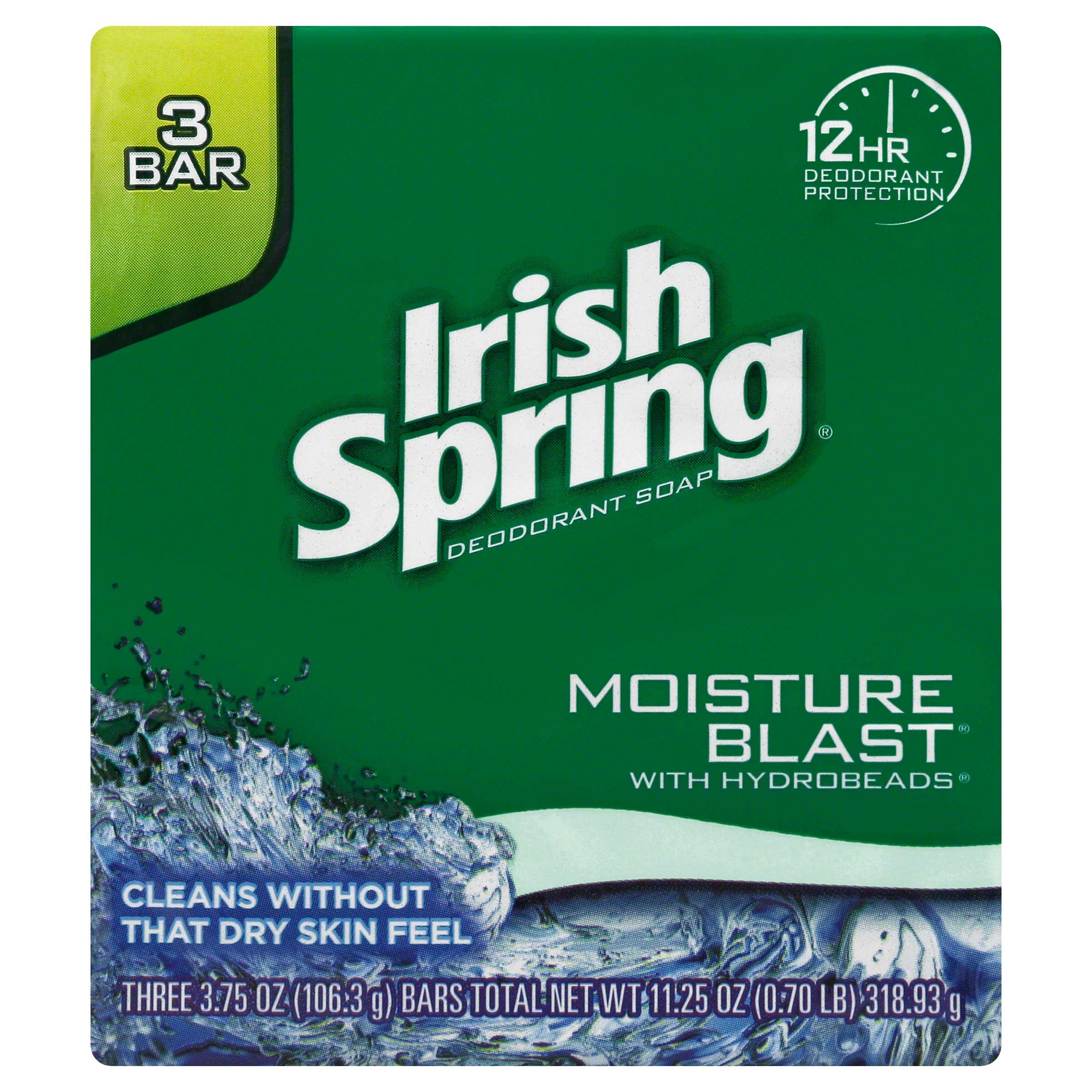Irish Spring Moisture Blast Deodorant Bar Soap, 11.25 Ounce - 3 per pack -- 18 packs per case.