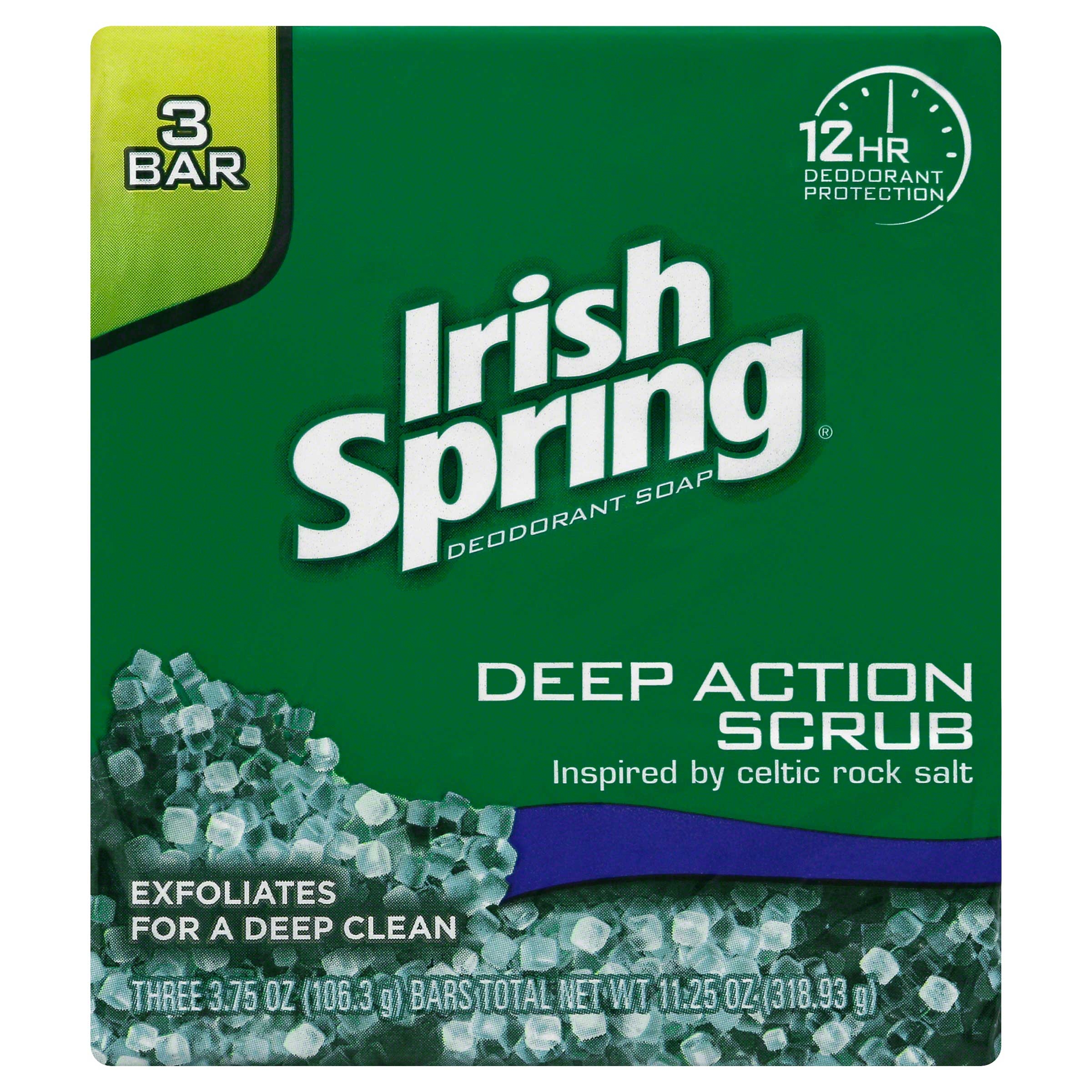 Irish Spring Deep Action Clean Scrub Deodorant Bar Soap, 11.25 Ounce - 3 per pack -- 18 packs per case.