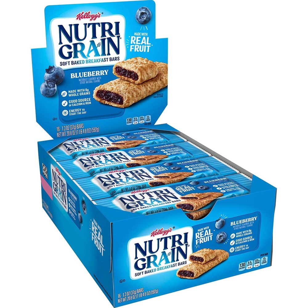 Kelloggs Nutri-Grain Cereal Bars, Blueberry, Indv Wrapped 1.3oz Bar, 16/Box
