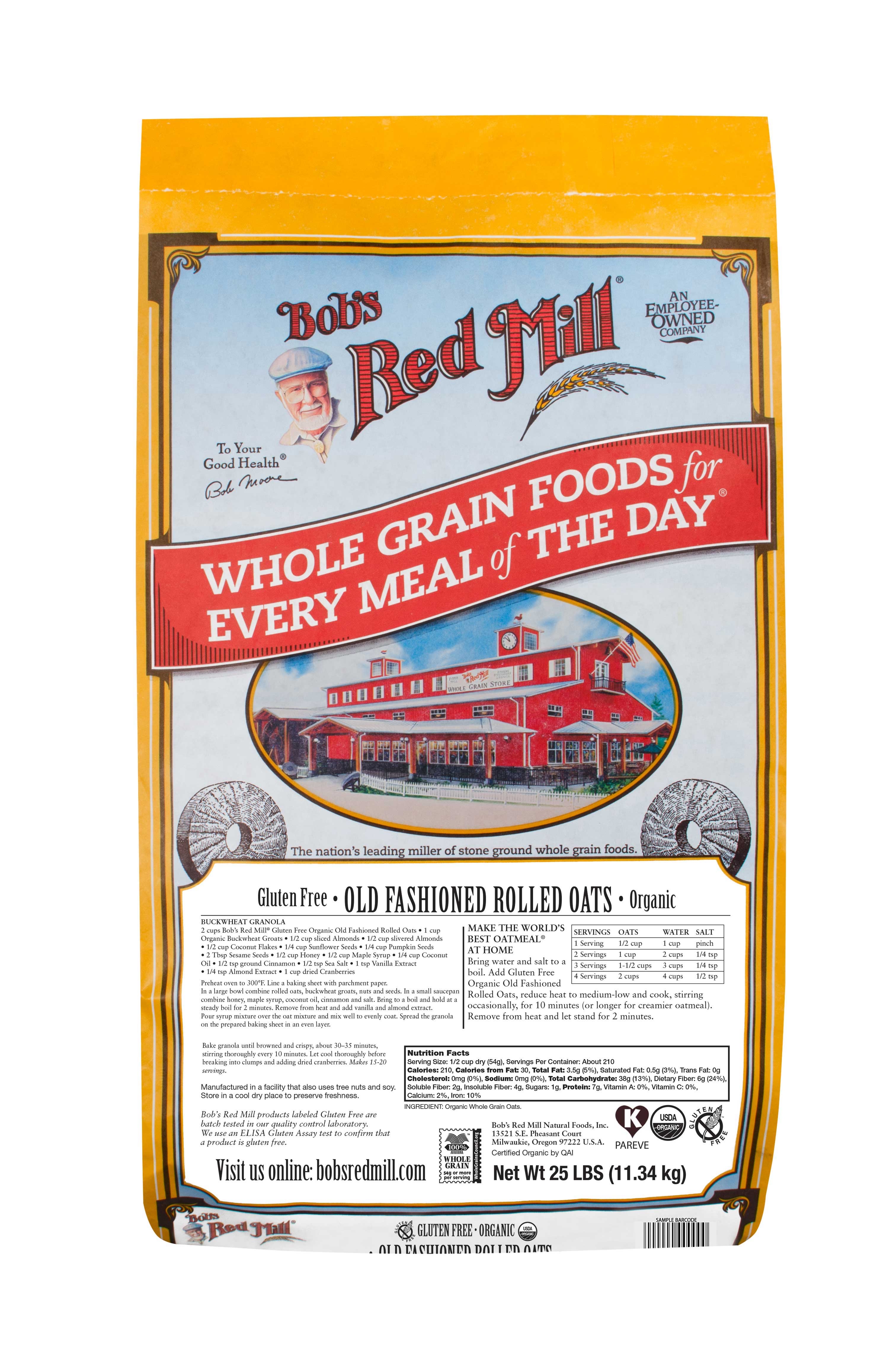 Bobs Red Mill Gluten Free Organic Old Fashioned Rolled Oats, 25 Pound.