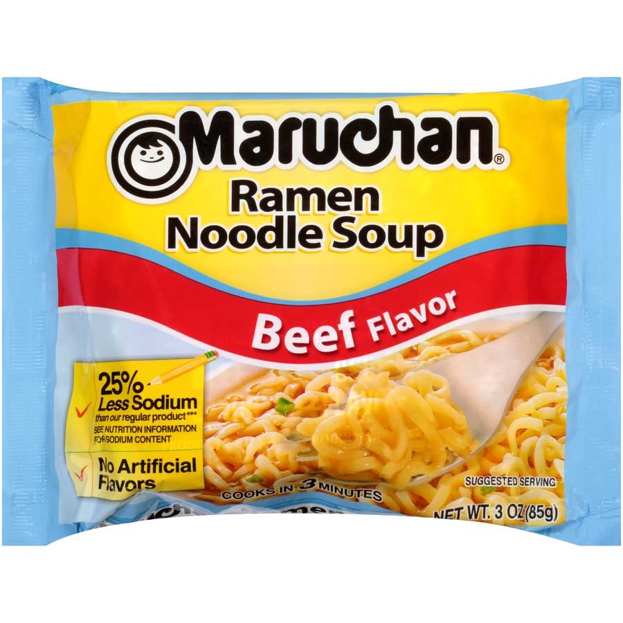 Maruchan 35 Percent Less Sodium Instant Beef Ramen Noodle Soup, 3 Ounce -- 24 per case.