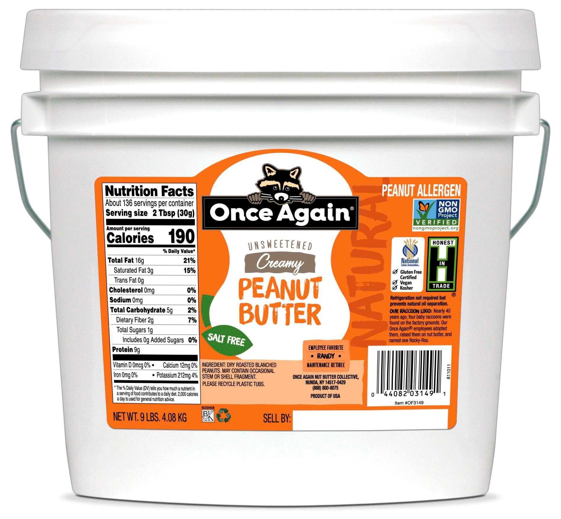 Once Again Natural No Salt Creamy Peanut Butter , 9 Pound