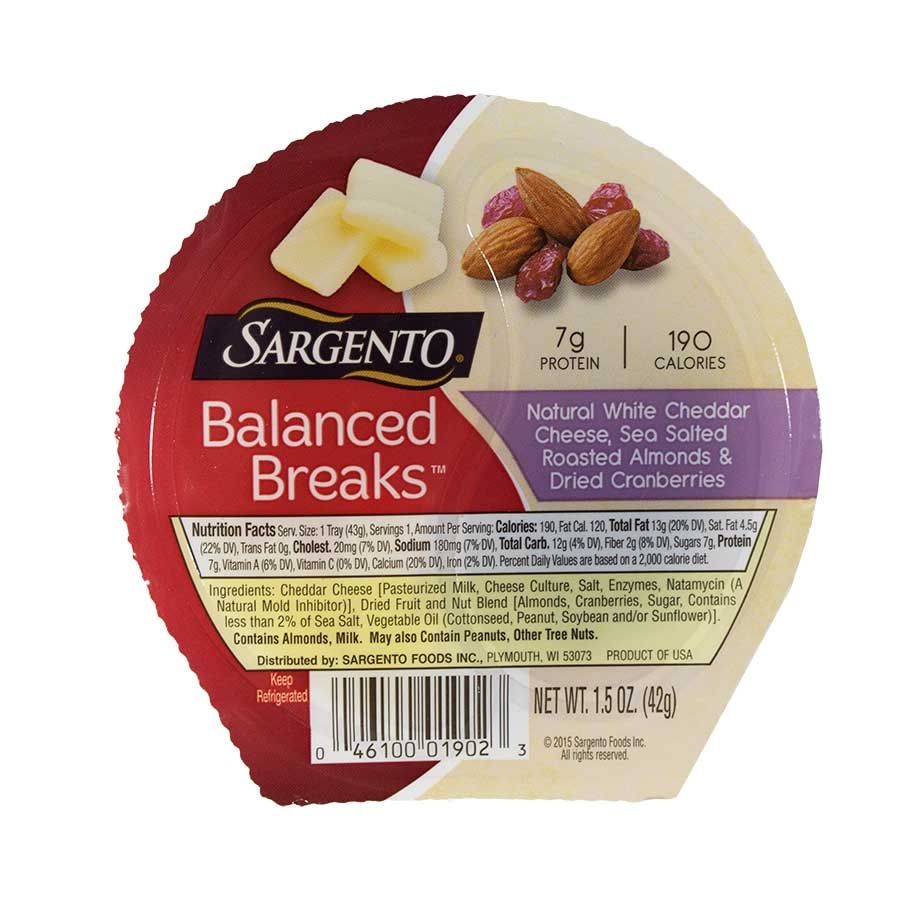 Sargento Balanced Breaks Single Natural White Cheddar Cheese with Almonds and Cranberries, 1.5 Ounce -- 12 per case.
