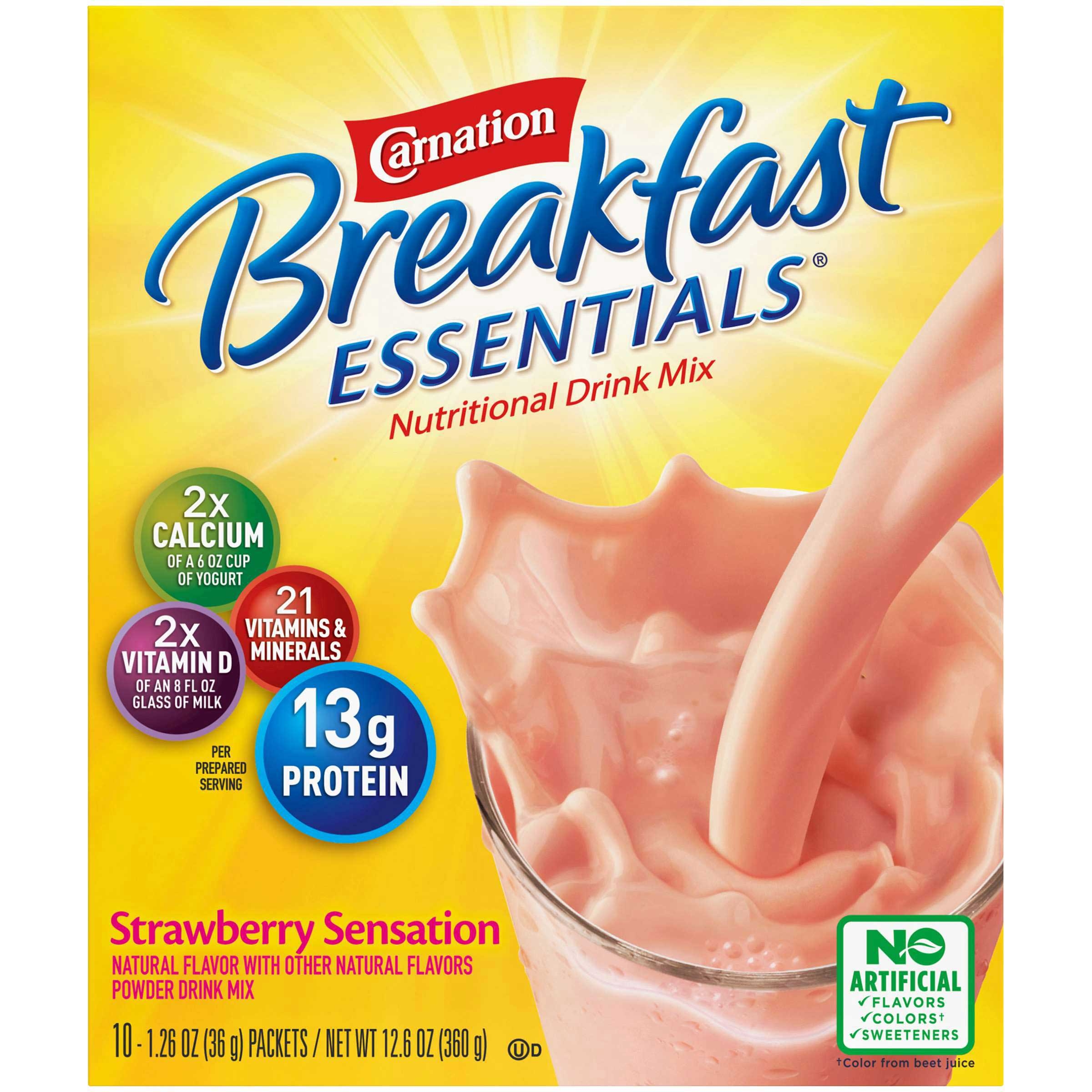 Carnation Breakfast Essentials Strawberry Nutritional Drink Mix, 1.26 Ounce -- 60 per case