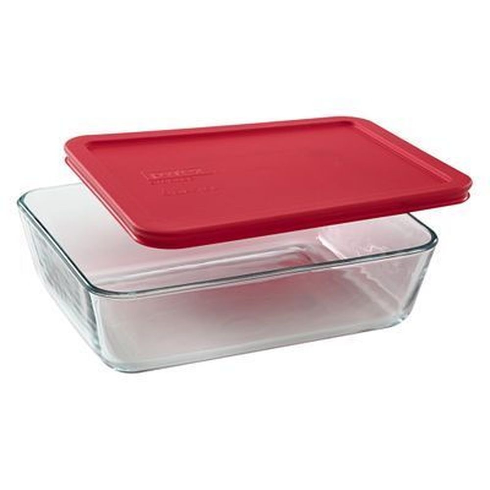 Pyrex Red Glass Rectangular 6 Cup Food Storage Container with Plastic Lid, 8.75 x 6.75 x 3.375 inch -- 4 per case