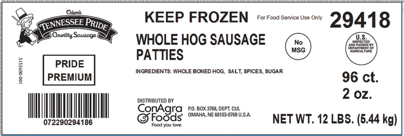 Odoms Tennessee Pride Premium Fresh Sliced Mild Sausage Patty, 12 Pound.