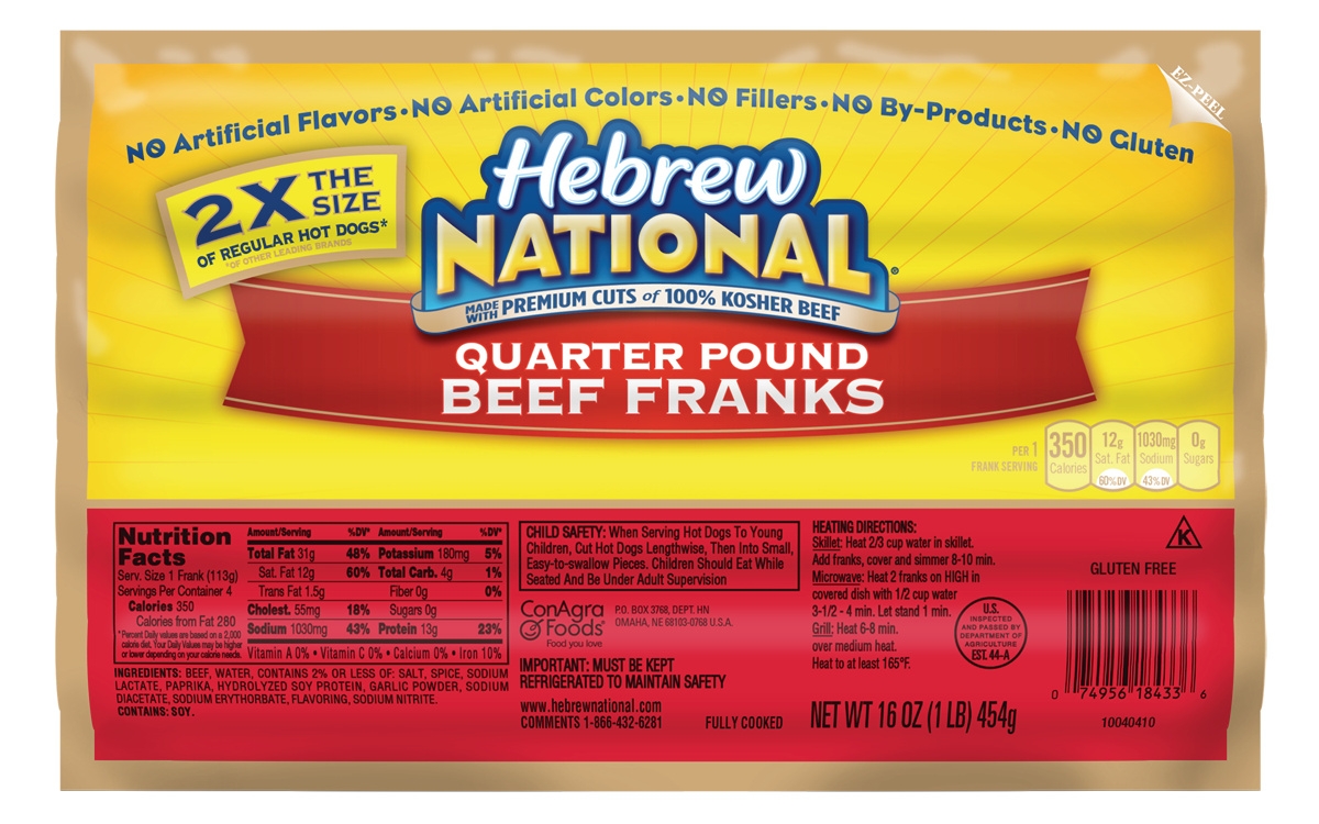 Conagra Hebrew National Dinner Beef Frank, 16 Ounce -- 12 per case.