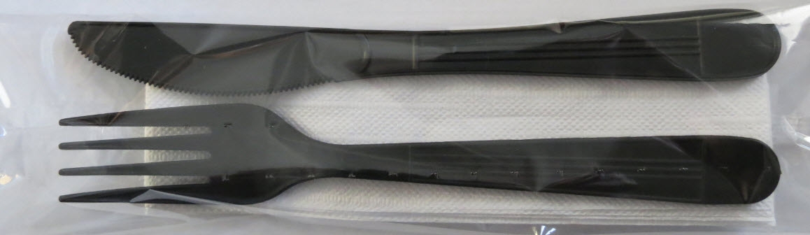 WNA Clear Polypropylene Heavy Pure Pack Black Knife Fork and 1 Ply Napkin -- 250 per case.