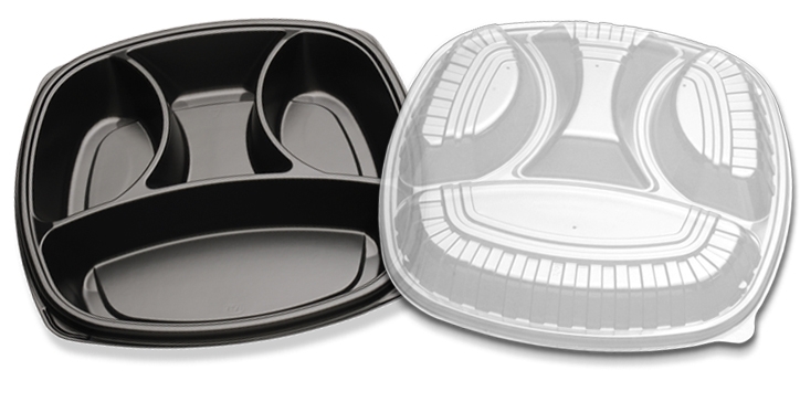 Forum Black Plastic 4 Compartment Carry Out Container with Lid Combo, 14 inch -- 50 per case.