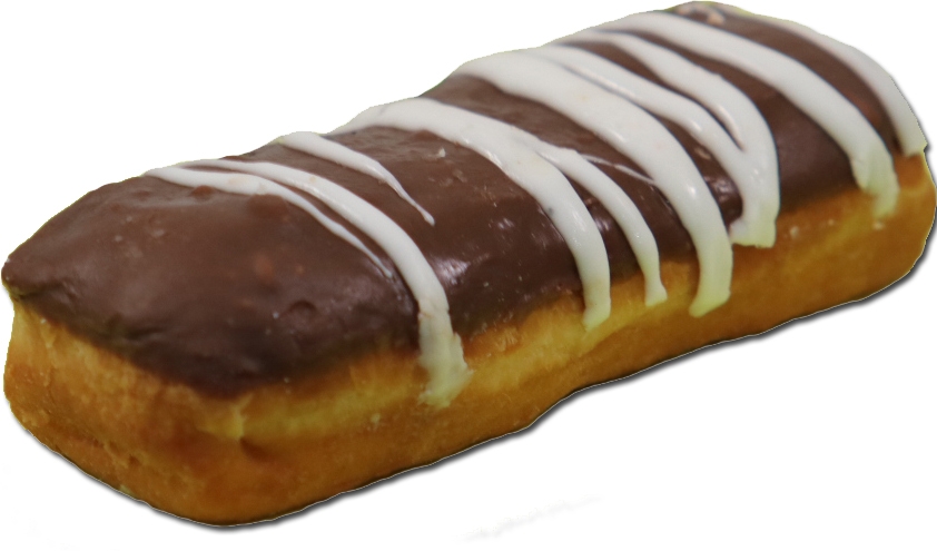 Prairie City Bakery Premium Long John Custard Filled Chocolate Iced Donut with White Icing Drizzle, 28.8 Ounce -- 4 per case.
