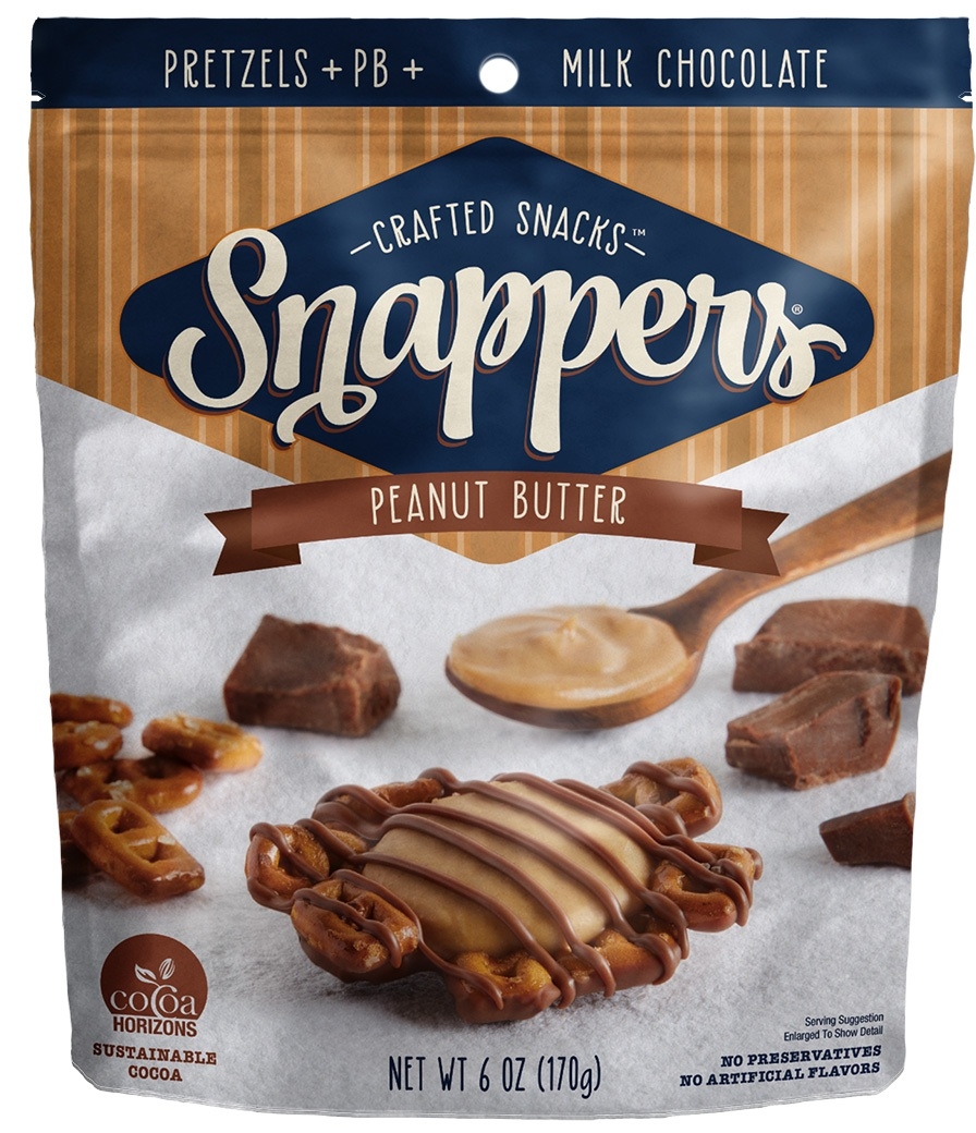 Snappers Pretzels Plus Caramel Plus Milk Dark Peanut Butter Chocolate Snacks - Display, 6 Ounce -- 30 per case.