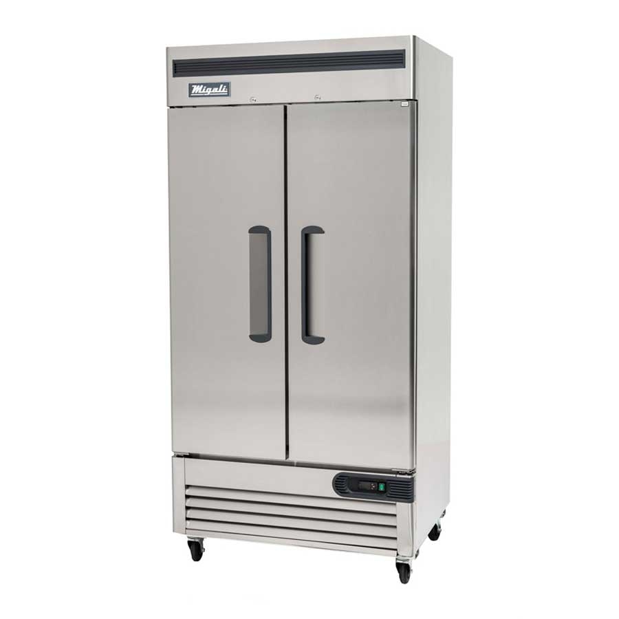 Migali Stainless Steel Slim 2 Door Reach-In Freezer with 6 Adjustable Shelves, 39.5 inch Width x 31.5 inch Depth x 83.2 inch Height