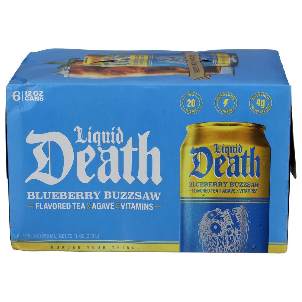 Liquid Death 12 Fluid Ounce Blueberry Buzzsaw Flavored Sparkling Tea, 6 count -- 4 per case