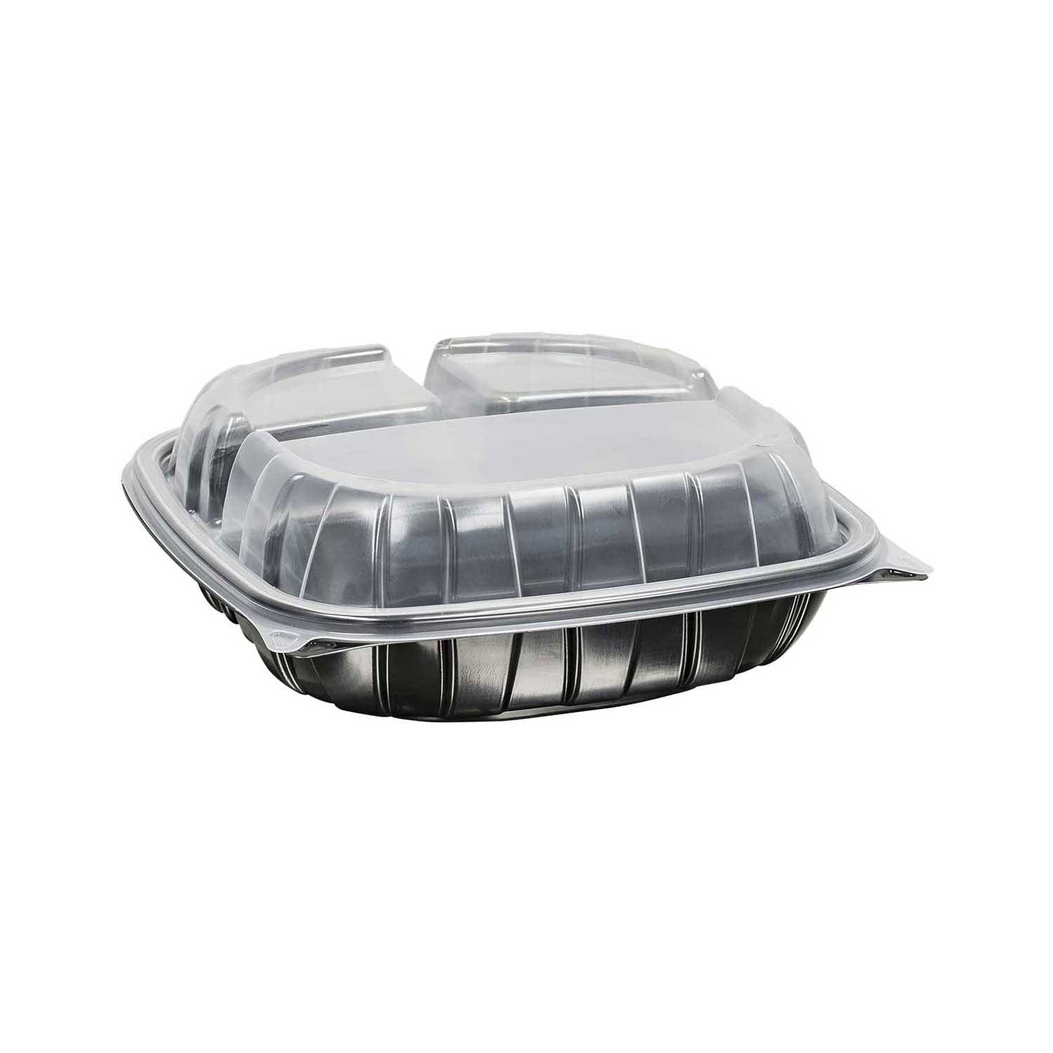 Inno-Pak 9 inch Rigid 3 Cell Clear Polypropylene Top Black Bottom Carry Out Microwave Hinged Container, 22/9/9 Fluid Ounce -- 112 per case