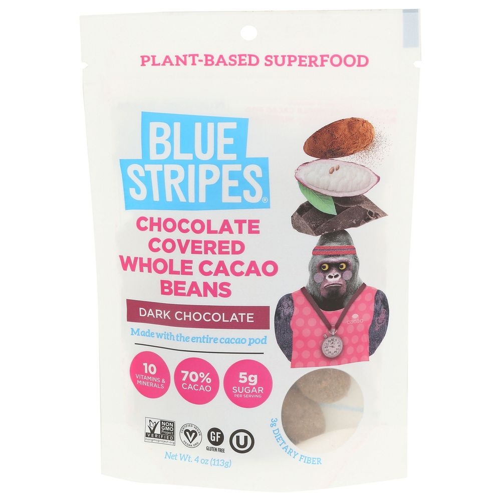 Blue Stripes Dark Chocolate Covered Whole Cacao Beans, 3.5 Ounce -- 6 per case