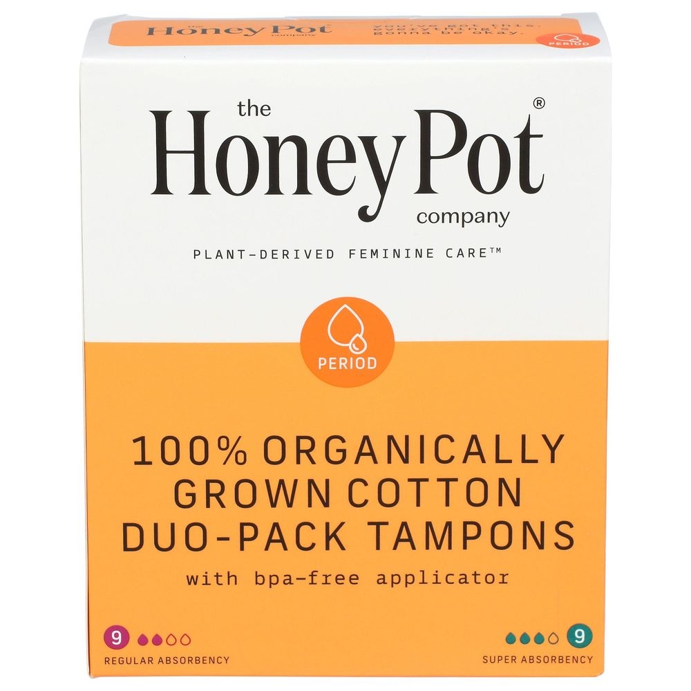 Honey Pot 100 Percent Organic Duo Pack Unscented Cotton Tampons with Bio Plastic Applicator, 18 count
