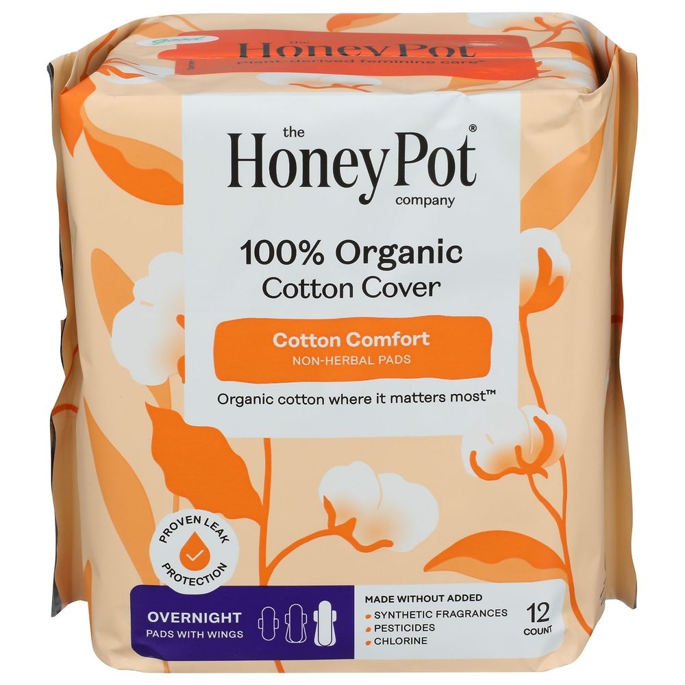 Honey Pot Organic Overnight Non Herbal Menstrual Pads with Wings, 12 count