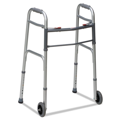 DMI Silver/Gray Two-Button Release Folding Walker with Wheels, 32 to 38 inch Adjustable Height