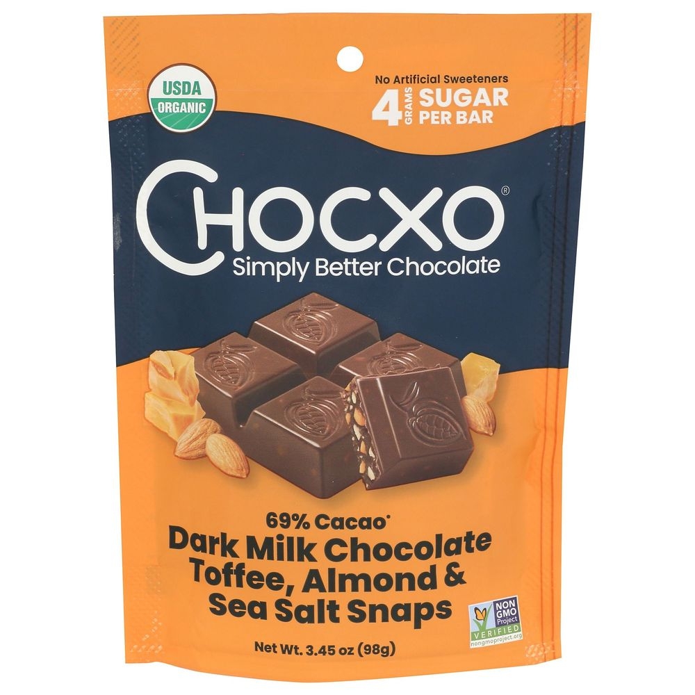 Chocxo Organic Dark Milk Chocolate Toffee Almond and Sea Salt Snaps, 3.45 Ounce -- 6 per case