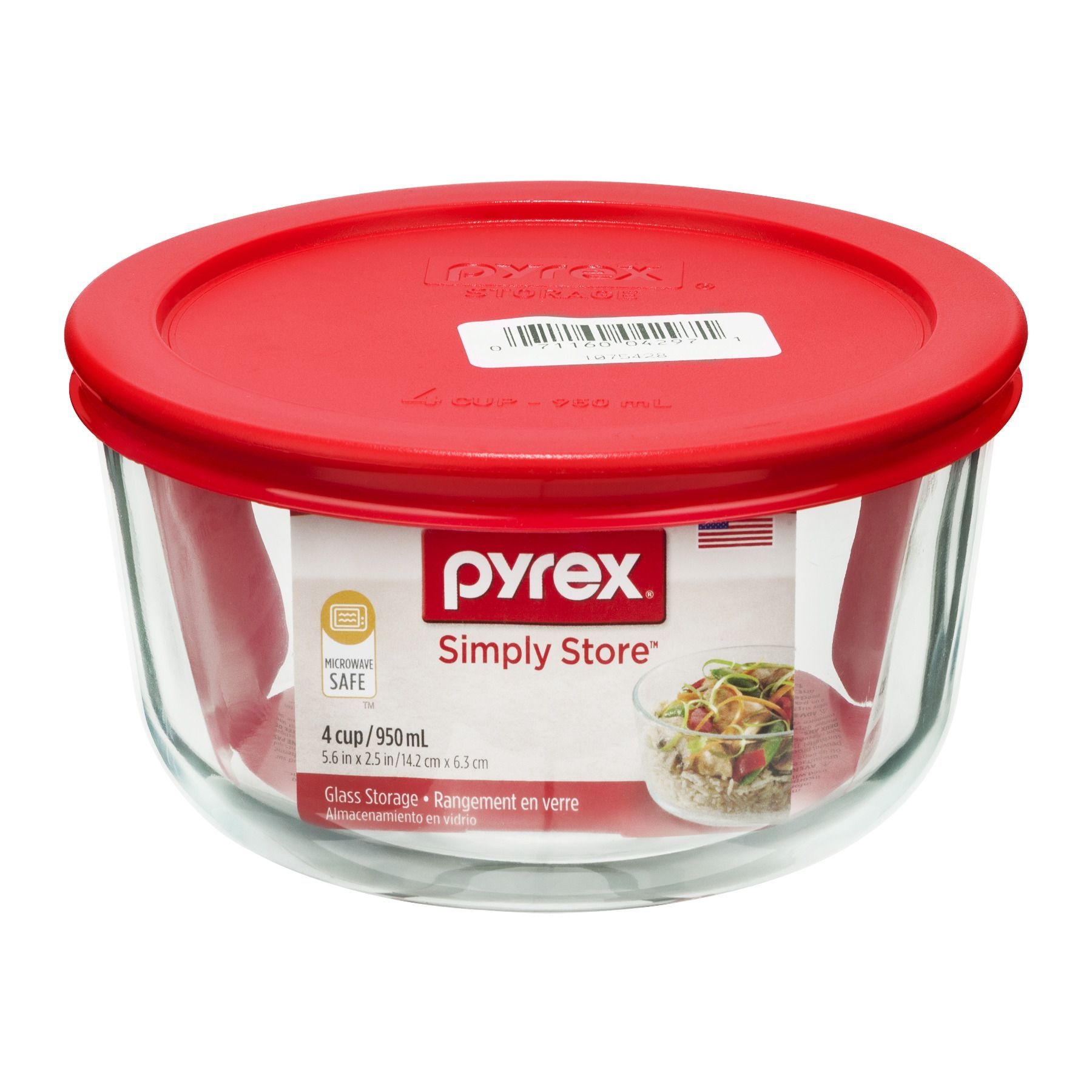 Pyrex 4 Cup Glass Food Storage Container with Plastic Red Lid -- 4 per case