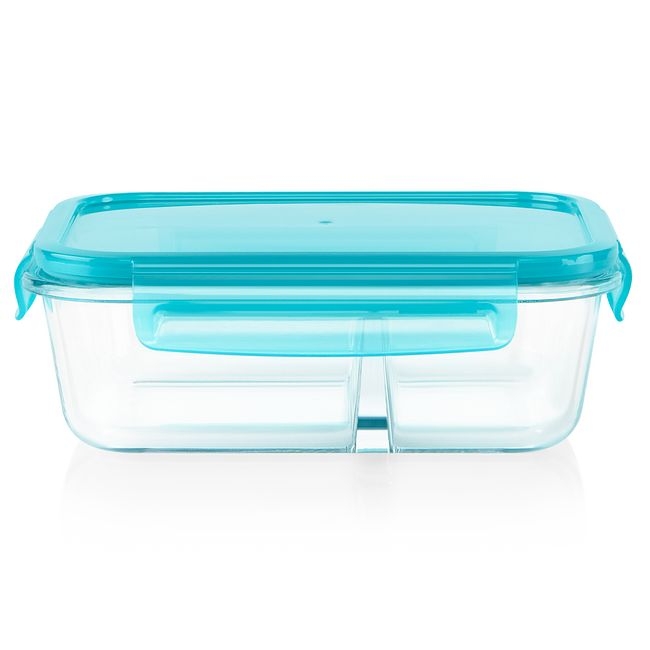 Pyrex MealBox 4 Cup Divided Glass Food Storage Container with Turquoise Lid -- 4 per case
