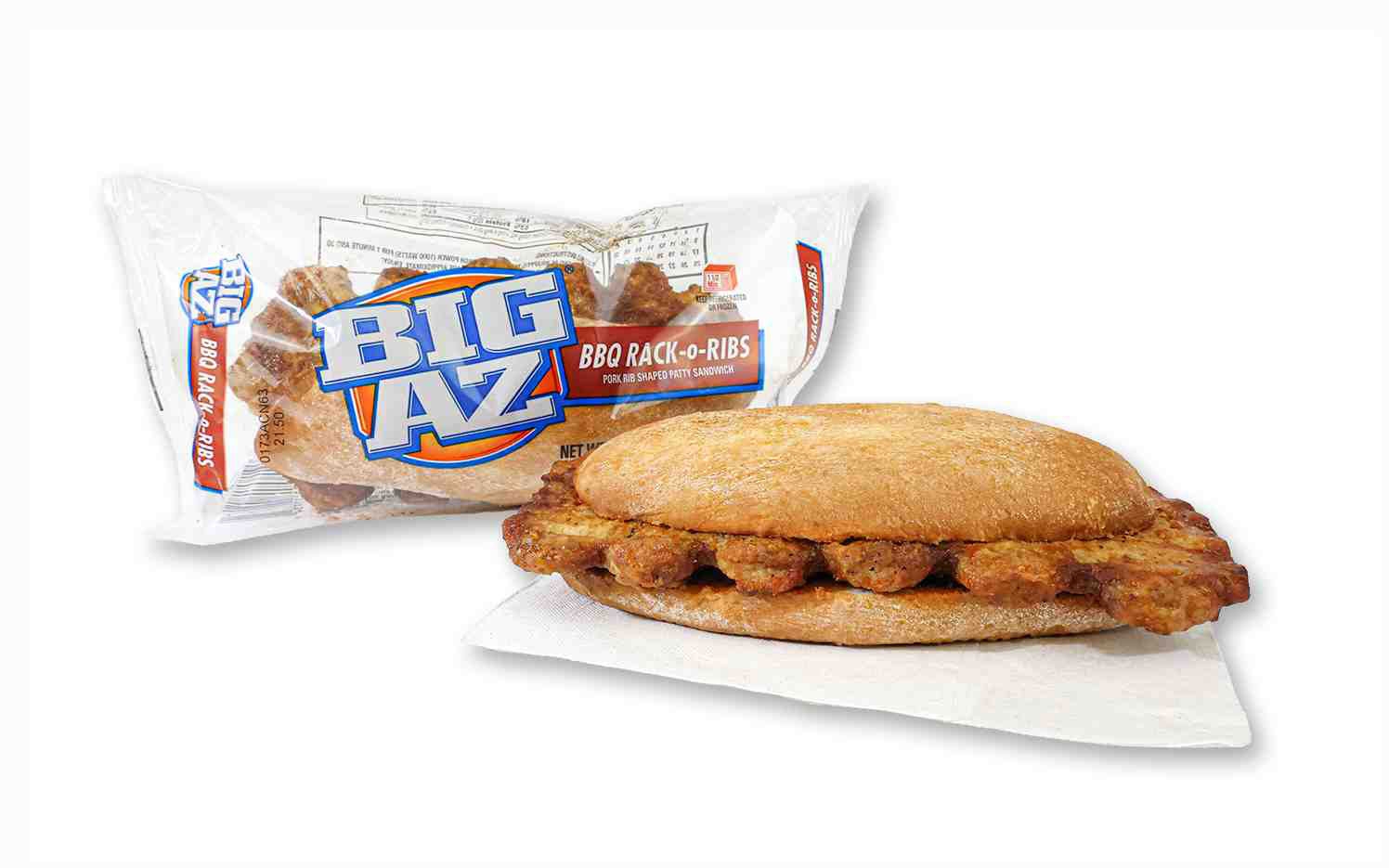 Advance Pierre Big Az Rack O Ribs Barbecue Pork Sandwich, 8.6 Ounce -- 8 per case.