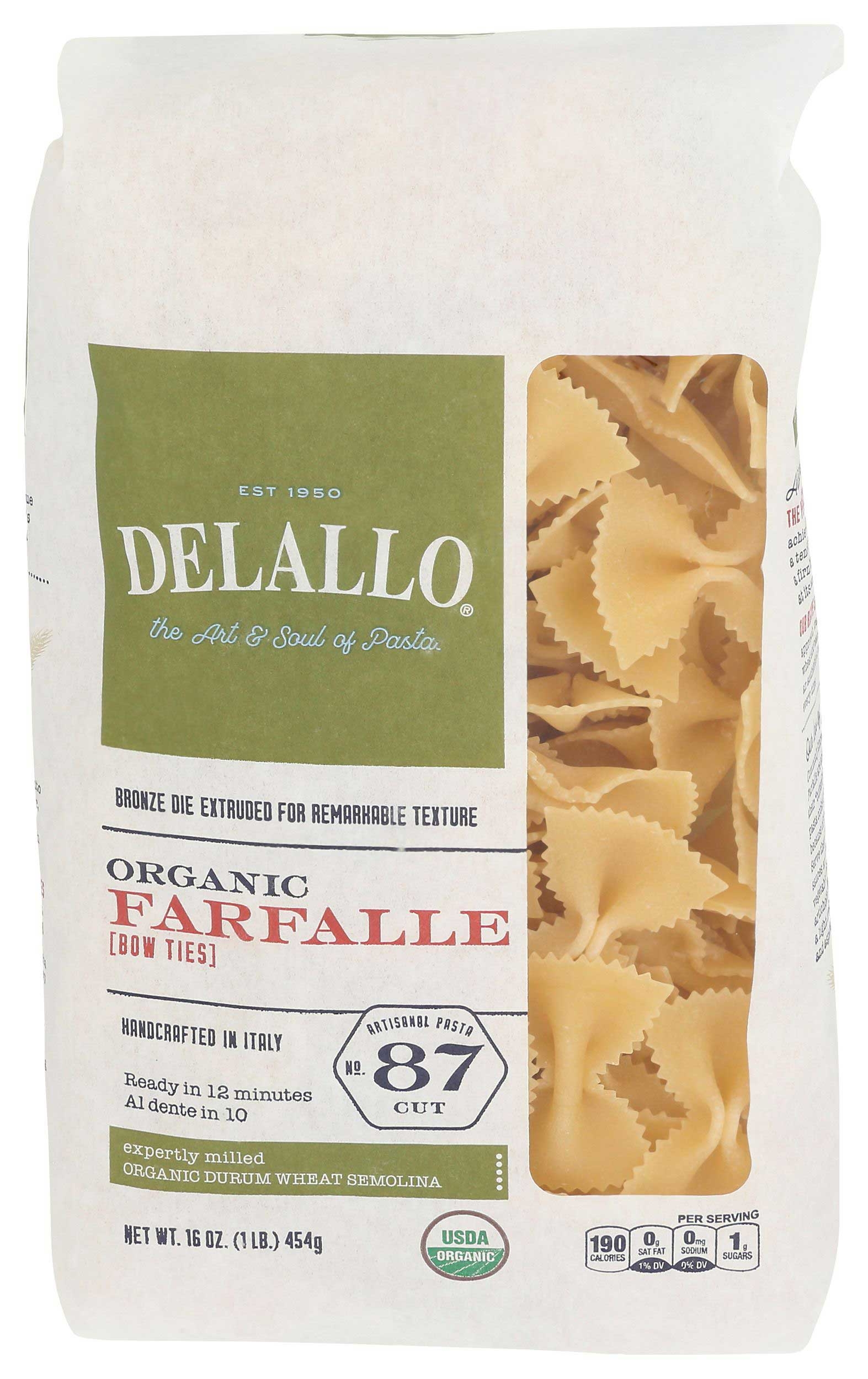 Delallo Organic Semolina Farfalle Pasta, 16 Ounce -- 8 per case