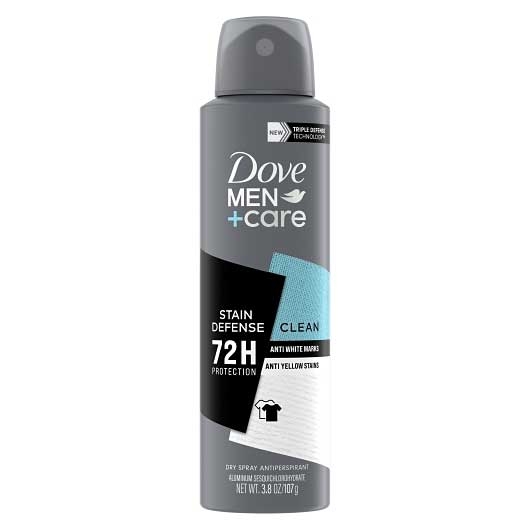 Dove Men Plus Care Stain Defense Clean Dry Spray, 3.8 Ounce -- 12 per case.