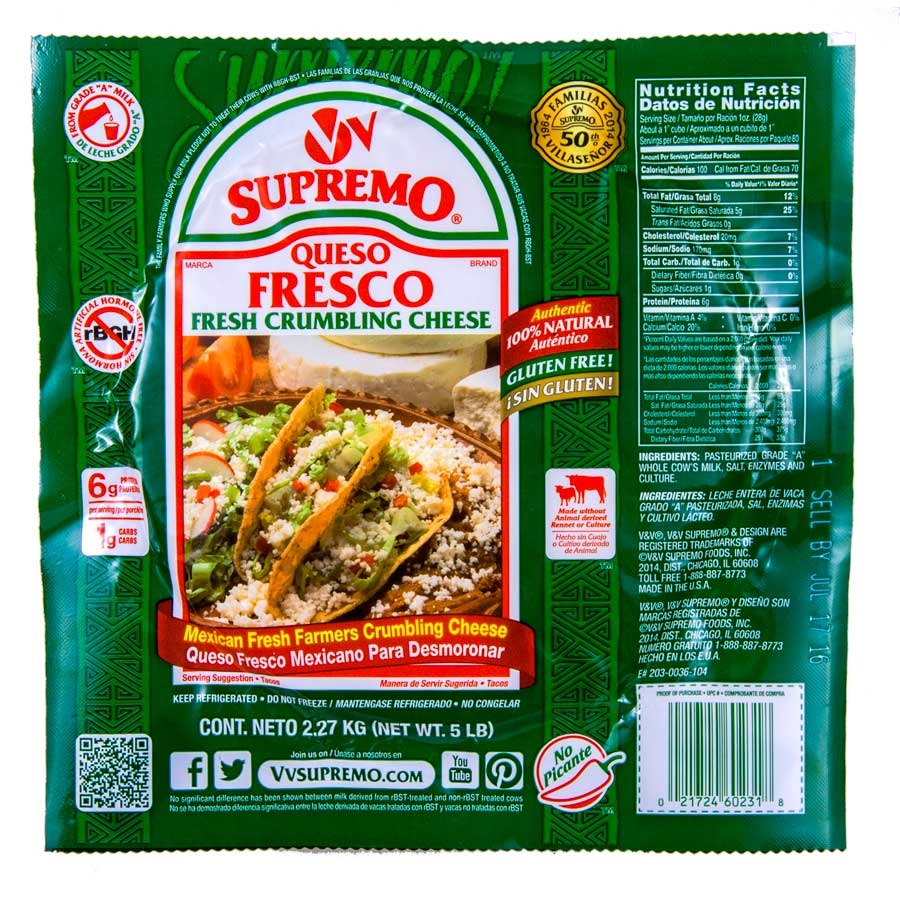VV Supremo Queso Fresco Crumbling Cheese, 5 Pound -- 4 per case.