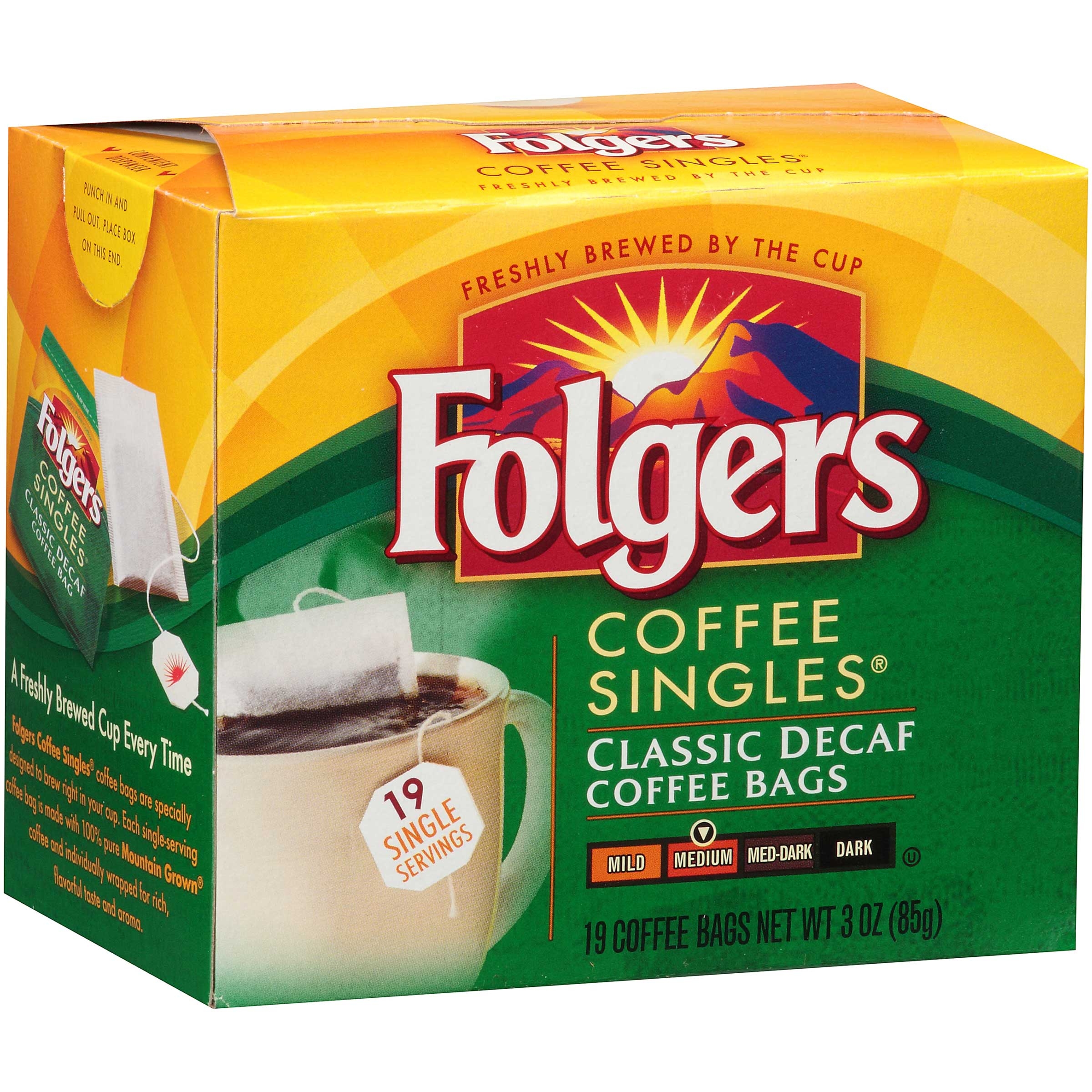 Folgers Decaffeinated Coffee Singles - 19 coffee bags per box, 12 boxes per case