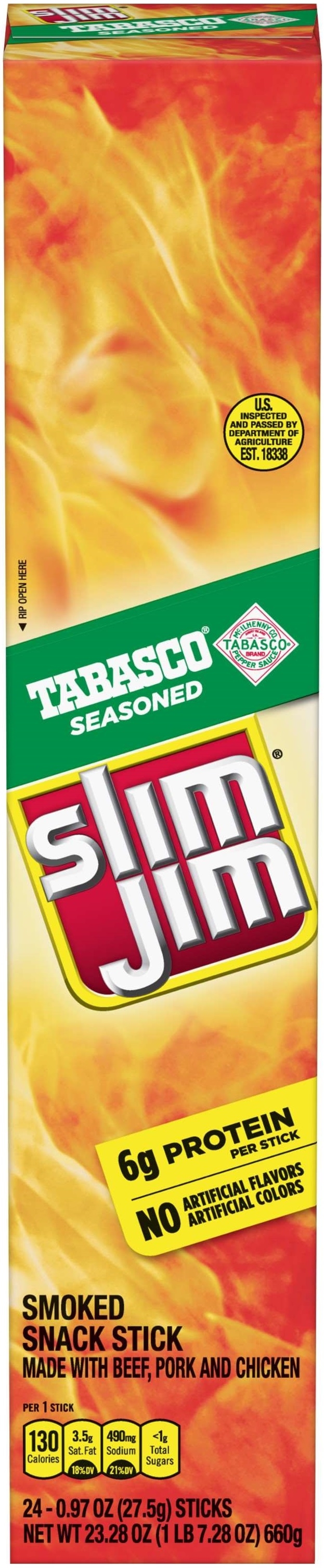 Slim Jim Giant Tabasco Snack Stick - 24 count per box -- 6 boxes per case