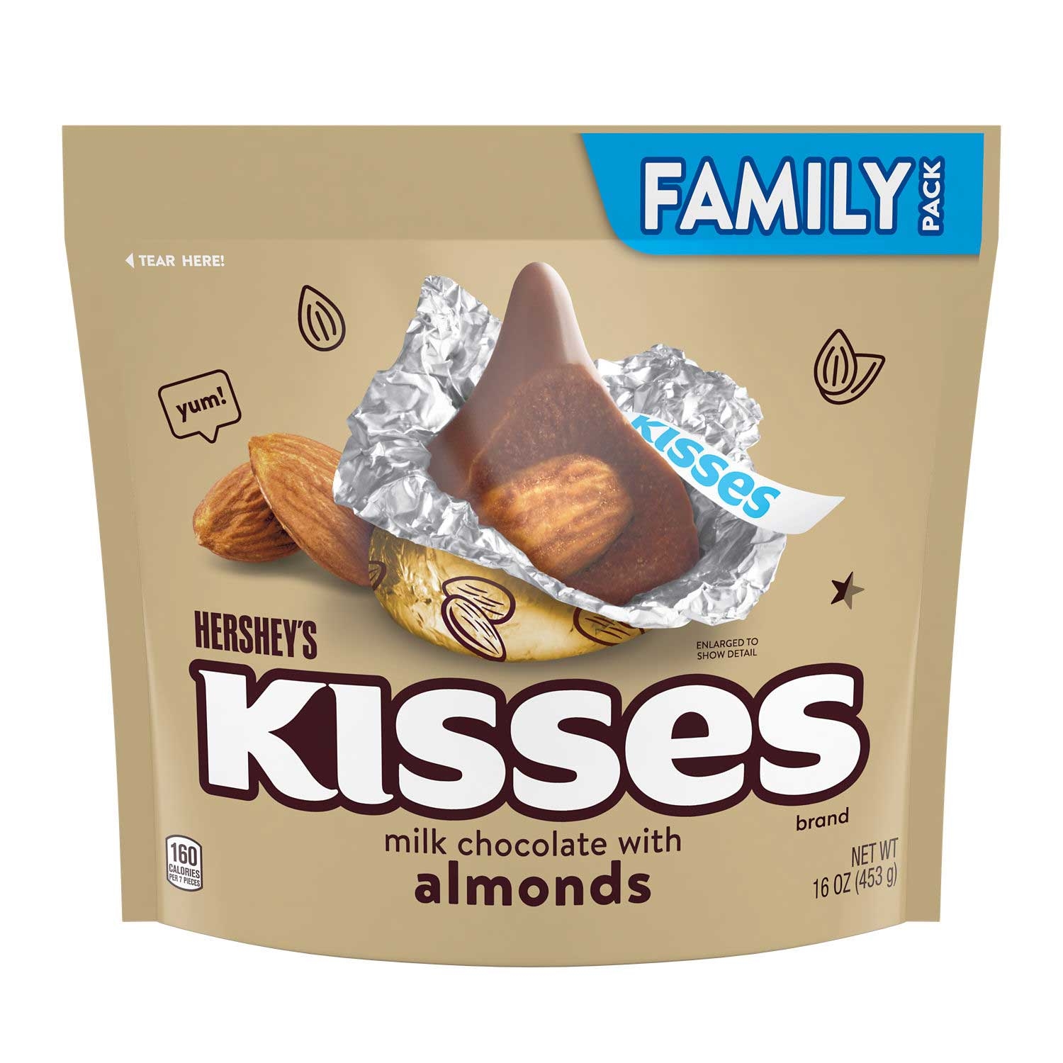 Hersheys Kisses Family Pack Milk Chocolate with Almonds - Stand Up Bag, 16 Ounce -- 8 per case