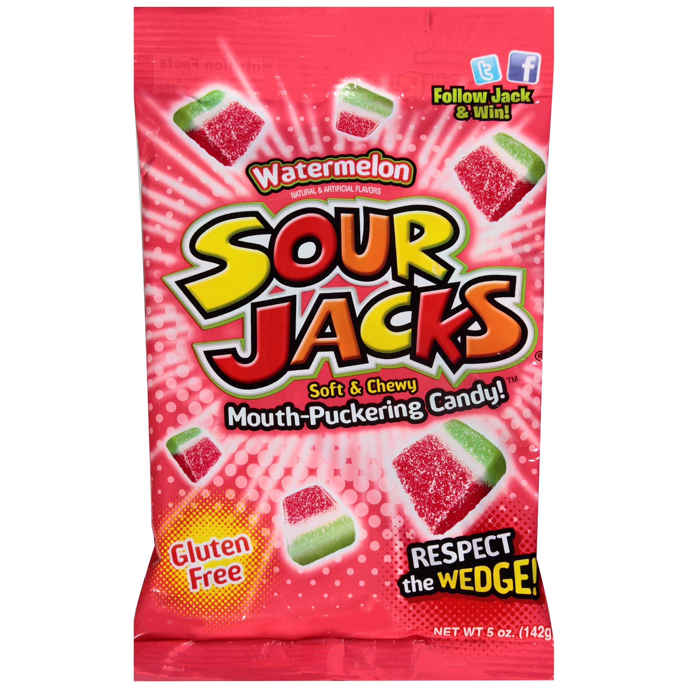 Sour Jacks Watermelon Soft and Chewy Mouth Puckering Candy, 5 Ounce -- 12 per case.