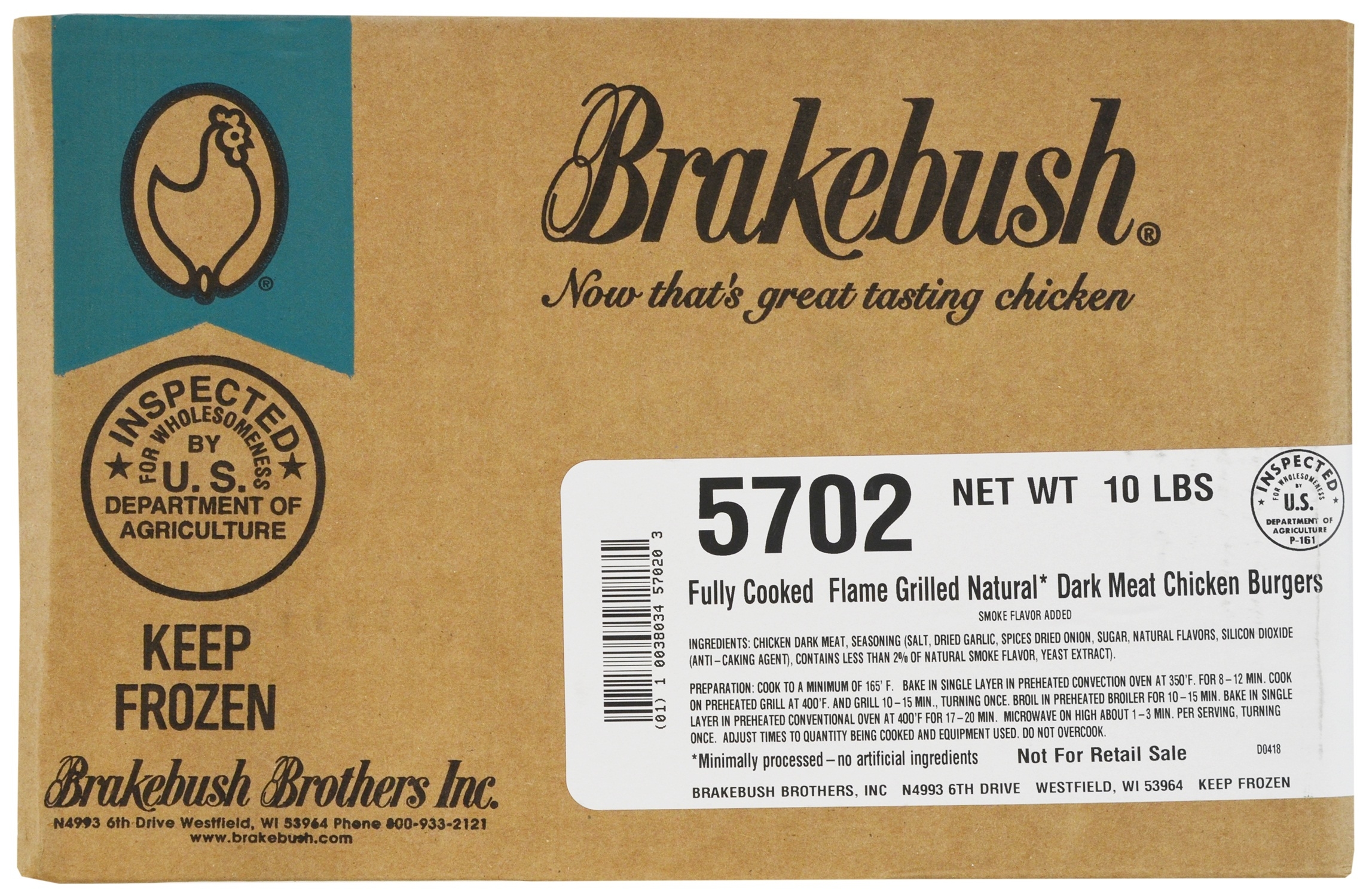 Brakebush Natural Fully Cooked Flame Grilled Dark Meat Chicken Burger, 10 Pound.