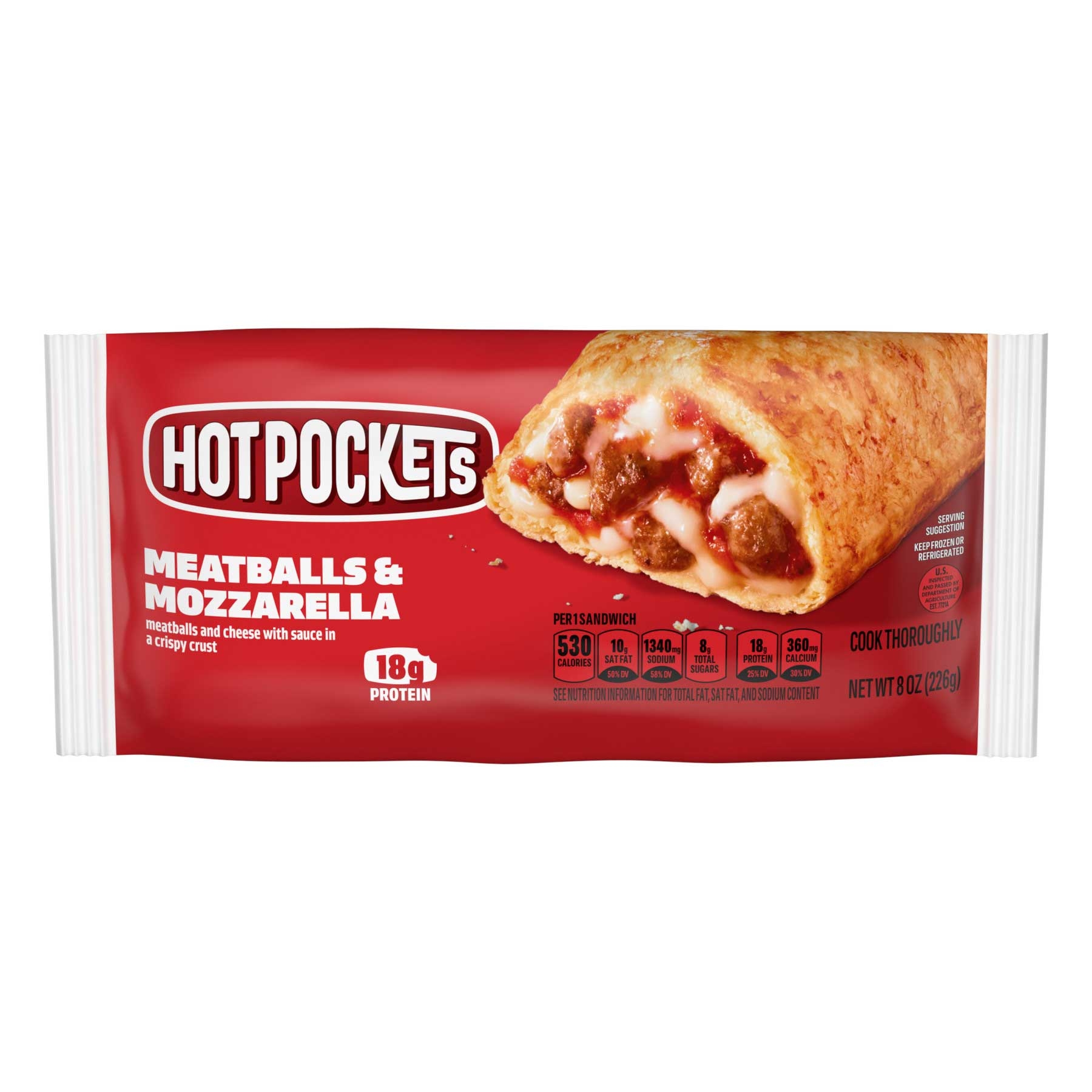 Nestle Hot Pockets Meatballs and Mozzarella Stuffed Sandwich, 8 Ounce -- 12 per case.