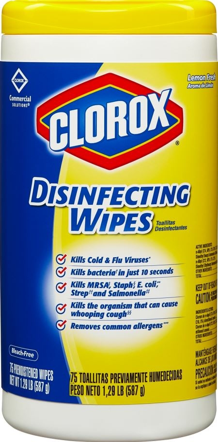 Clorox Commercial Solutions Lemon Scent Disinfecting Wipes, 75 count per pack -- 6 per case.