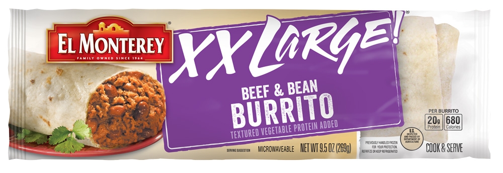 El Monterey XX Large Beef and Bean Burrito, 9.5 Ounce -- 12 per case.