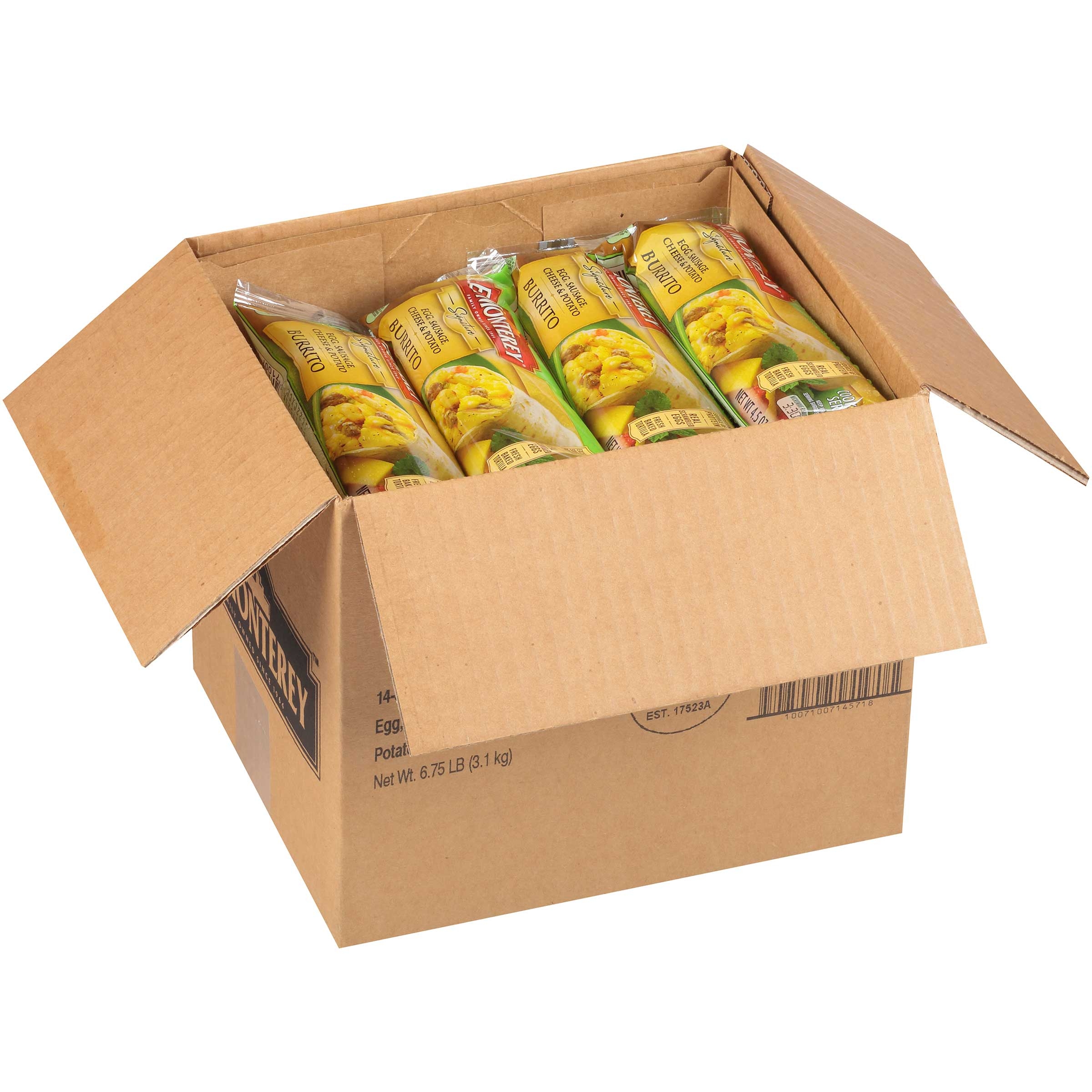 El Monterey Signature Egg Sausage Cheese and Potato Burrito, 4.5 Ounce -- 24 per case.