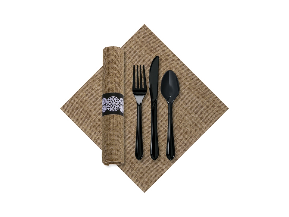 Hoffmaster CaterWrap Pre Rolled FashnPoint 100 Percent Recycled Natural Burlap Print Dinner Napkin and Black Cutlery Kit -- 100 per case.