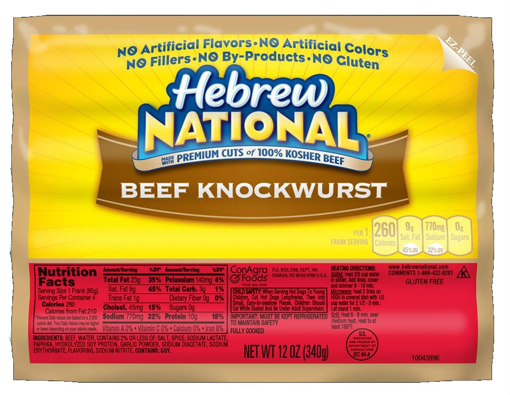 Conagra Hebrew National Skinless Beef Knockwurst, 12 Ounce -- 12 per case.