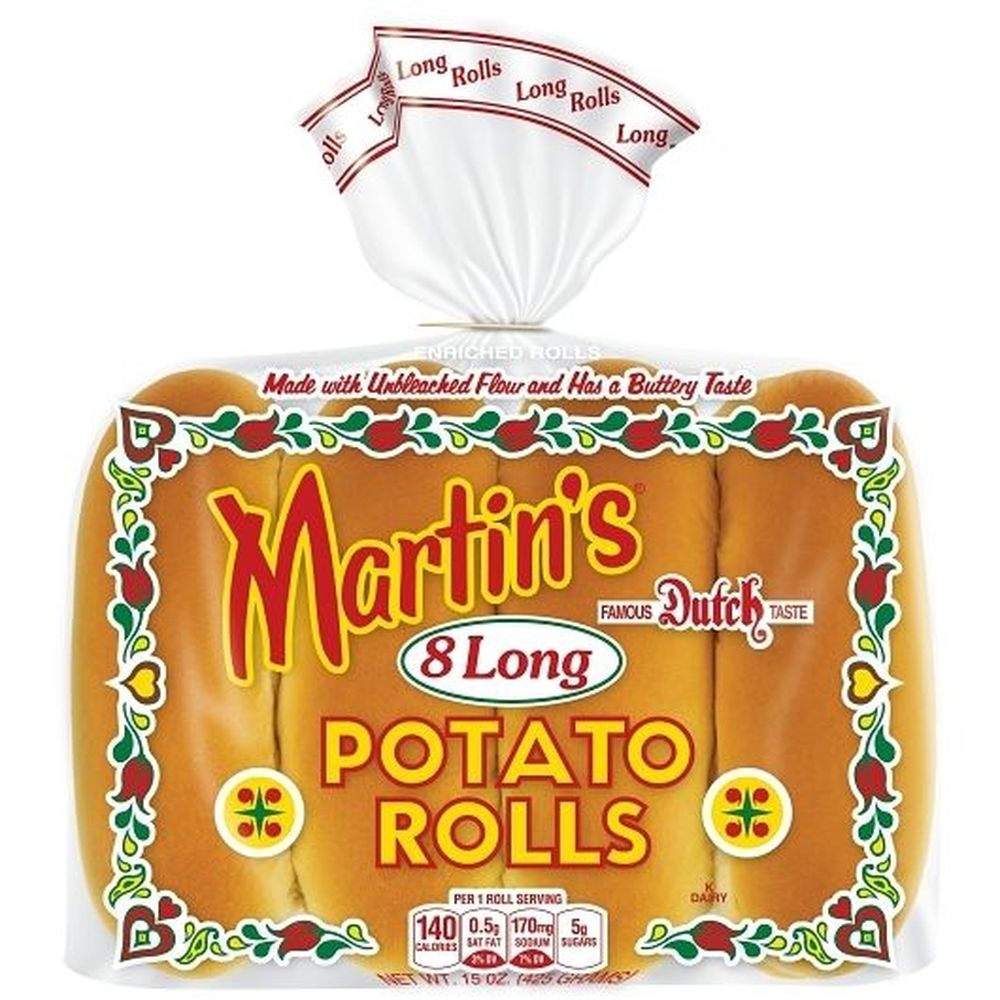 Martins Long Potato Hot Dog Bun Rolls, 8 count - 8 per case