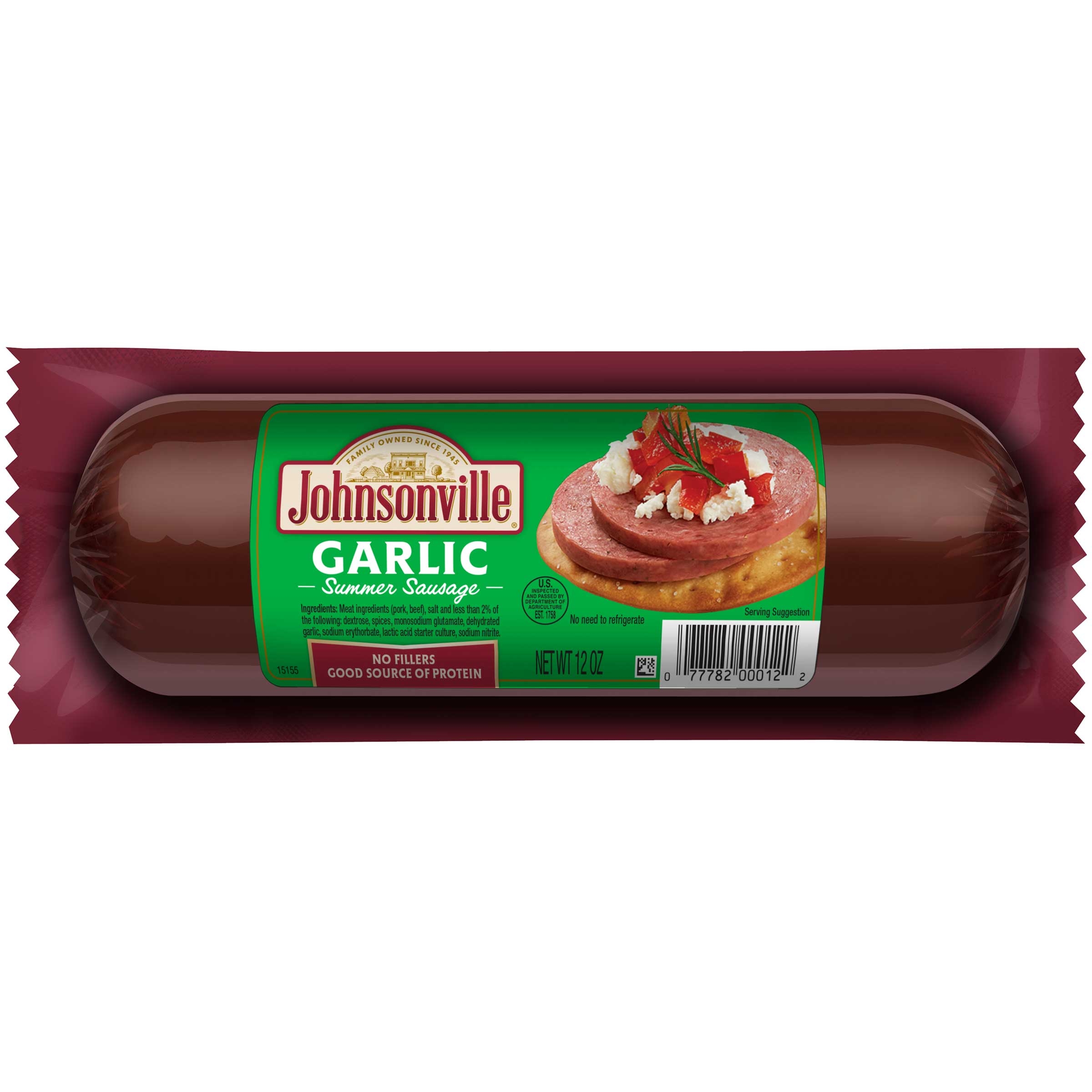 Johnsonville Garlic Summer Sausage, 12 Ounce -- 12 per case.