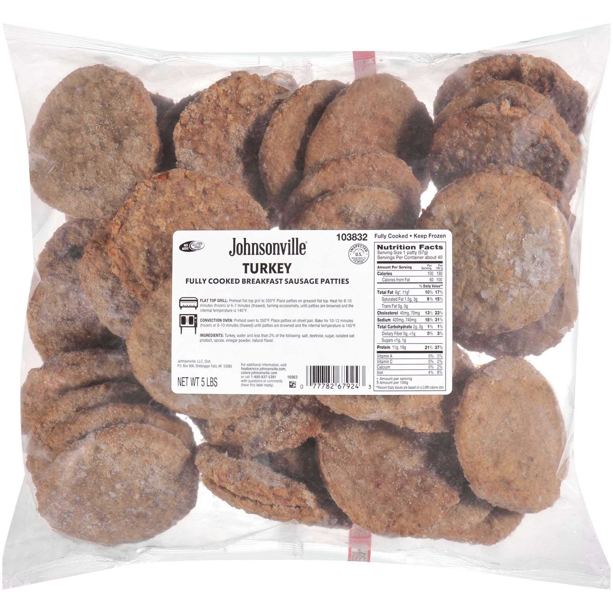 Johnsonville Fully Cooked Turkey Breakfast Sausage Patty, 5 Pound Bag -- 2 per case