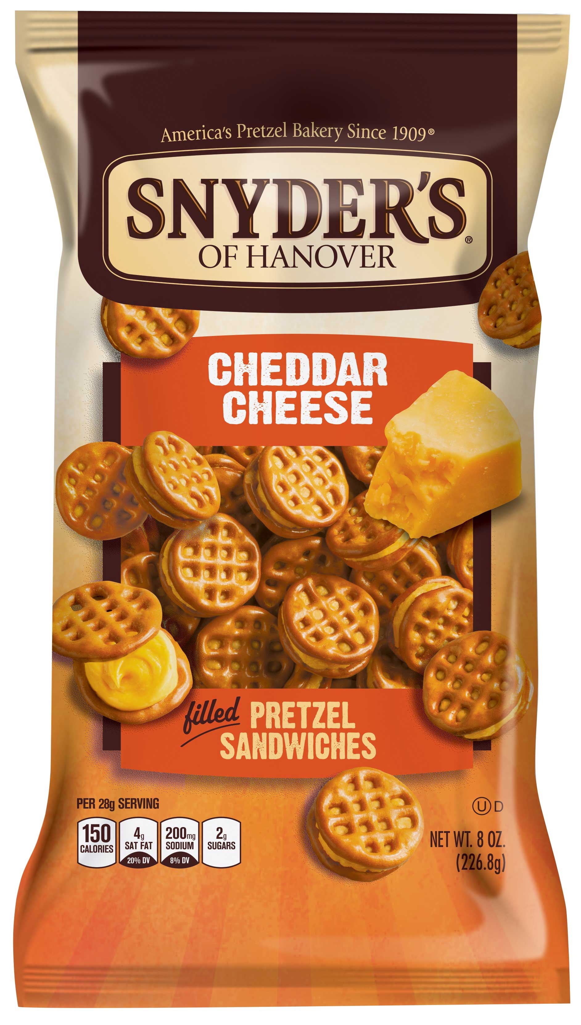 Snyders of Hanover Cheddar Cheese Pretzel Sandwiches - 8 oz. bag, 12 per case