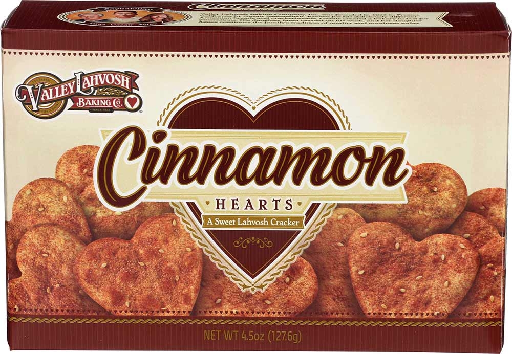 Valley Lahvosh Heart Shaped Cinnamon Cracker, 4.5 Ounce -- 12 per case.