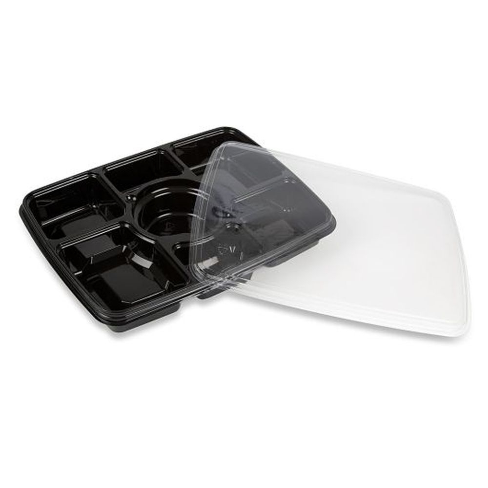 D and W Fine Pack 96 Ounce Black Rectangular 6-Compartment PET Tray with Dip Cup and Lid, 60 count