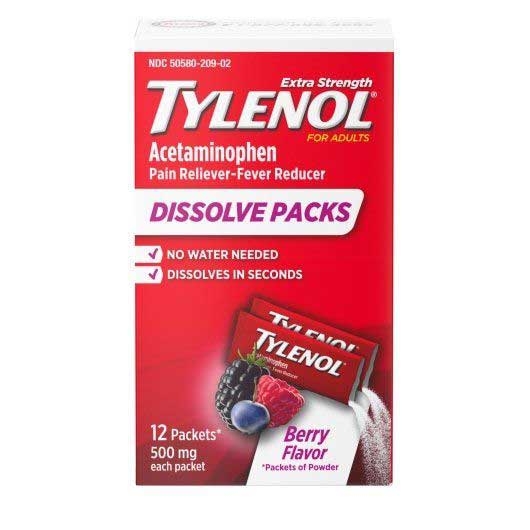 Tylenol Berry Flavor Pan Reliever and Fever Reducer Powder Dissolve Pack - 12 count per pack -- 48 packs per case