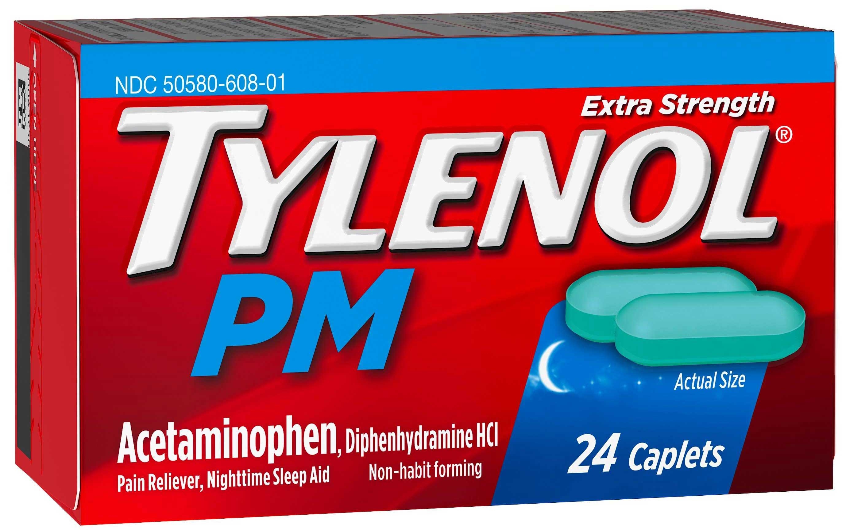Tylenol PM Extra Strength Acetaminophen Pain Reliever Nighttime Sleep Aid Caplet, 24 per unit -- 72 per case