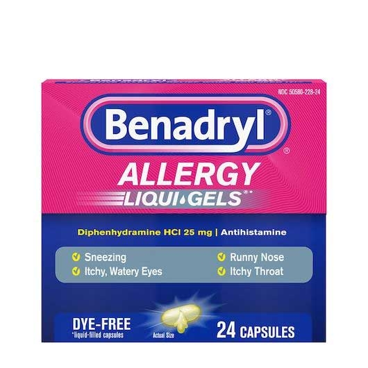 Benadryl Allergy Liqui Gel Dye Free Antihistamine 25 mg Capsules - 24 count per pack -- 24 packs per case